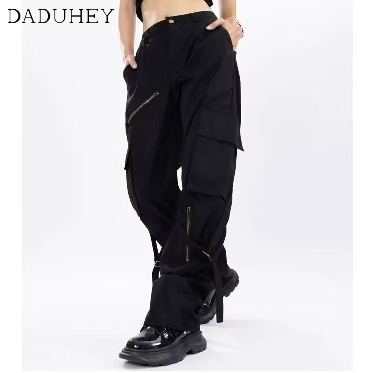 DaDuHey Men's and Women's Fashionable Solid Color Multi-Pocket Cargo Pants Loose Street All-Matching Retro Casual Pants