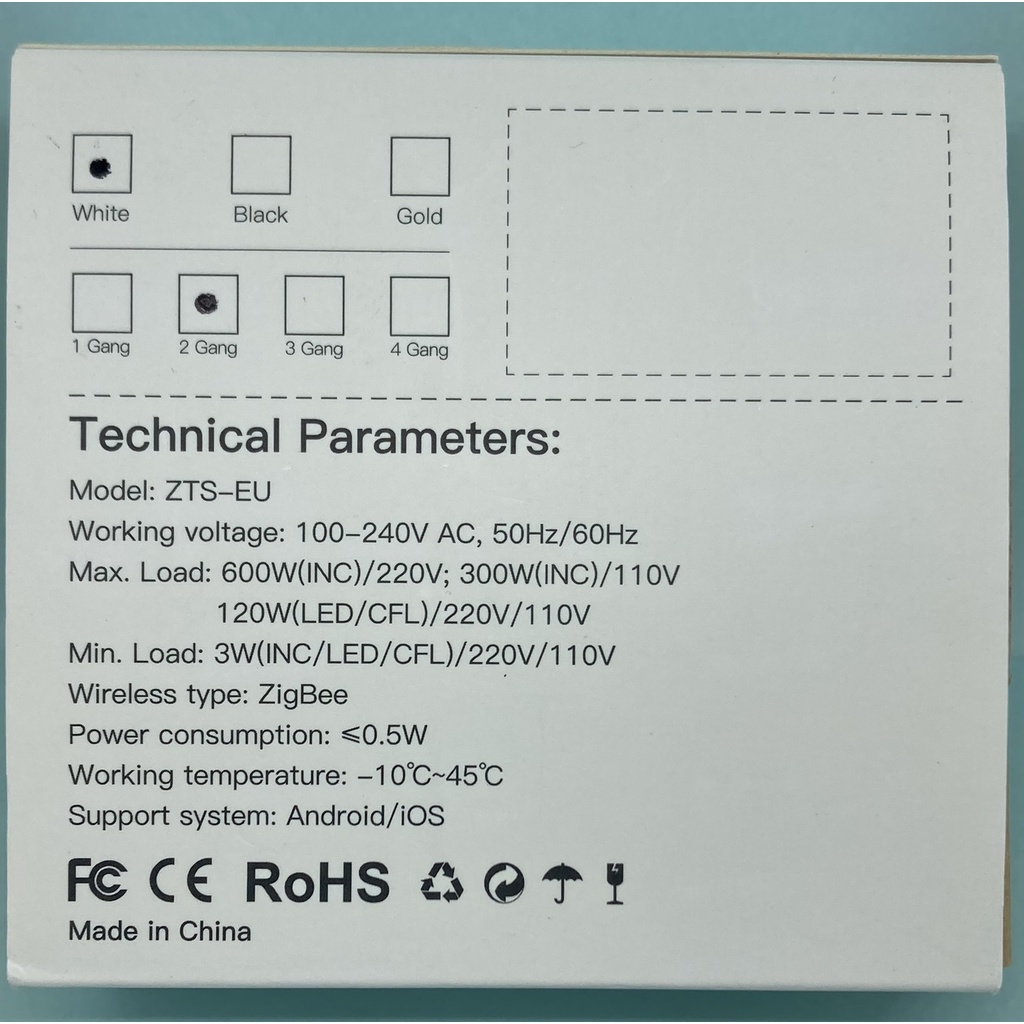 Công tắc zigbee Tuya Smart Life 1-2-3 nút vuông màu trắng. Không dùng N
