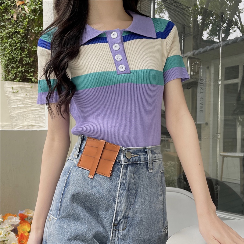 Áo thun polo dệt kim ZHELIHANGFEI tay ngắn kẻ sọc màu sắc dễ thương xinh xắn