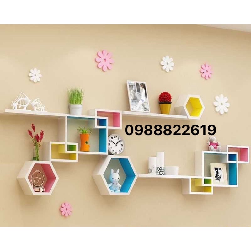 Bộ kệ gỗ treo tường (2 bộ vuông lồng+3 hình lục giác+ 3 thanh ngang 30-40-50cm. Tặng hoa gỗ kèm đinh và nở