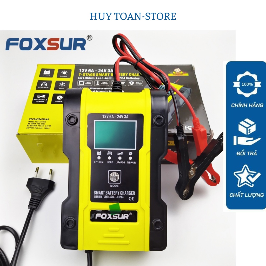 Bộ sạc Foxsur sạc pin Lithium ion 18650, LiFePO4 pin sắt 32650, ắc quy axít chì 12V(6A) 24V(3A) 6Ah - 120AH