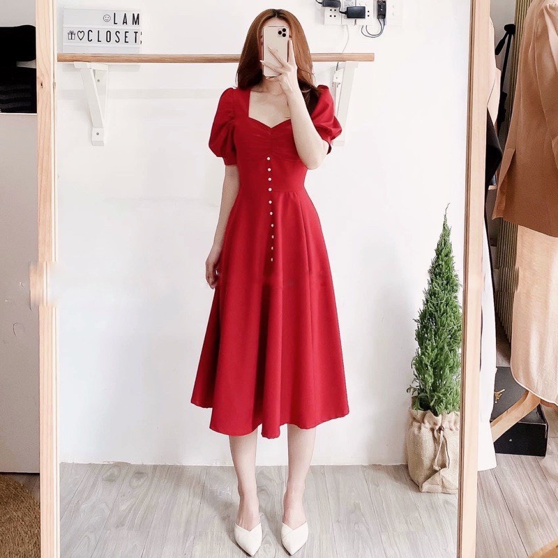Váy đỏ nhún ngực có đính ngọc (Ảnh trải sàn do shop chụp)