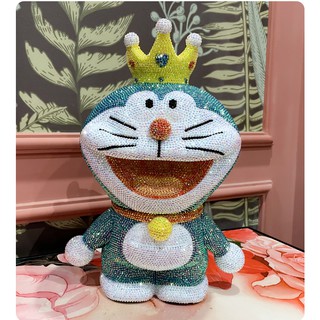 Gấu đính đá Doreamon handmade, doremon đính đá ống heo tiết kiệm đáng yêu
