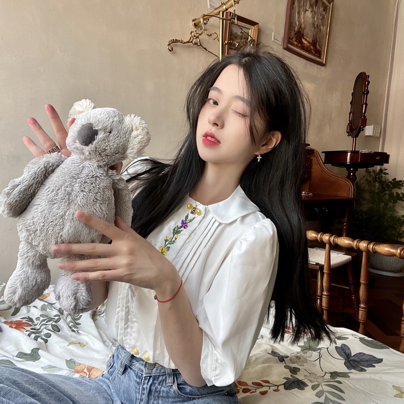 Áo Sơ Mi Ngắn Tay Cổ Búp Bê Thêu Họa Tiết Thời Trang Cho Nữ