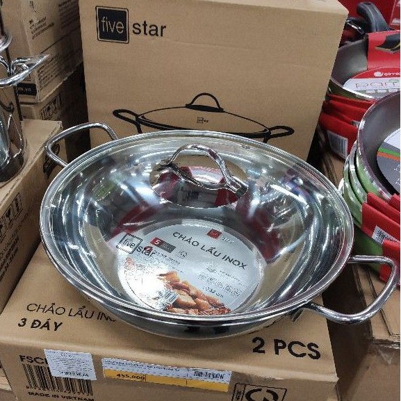 Chảo lẩu xào sâu lòng inox 3 đáy Fivestar 26cm, 28cm, 32cm Đáy từ Vung kính, Bảo Hành 5 Năm