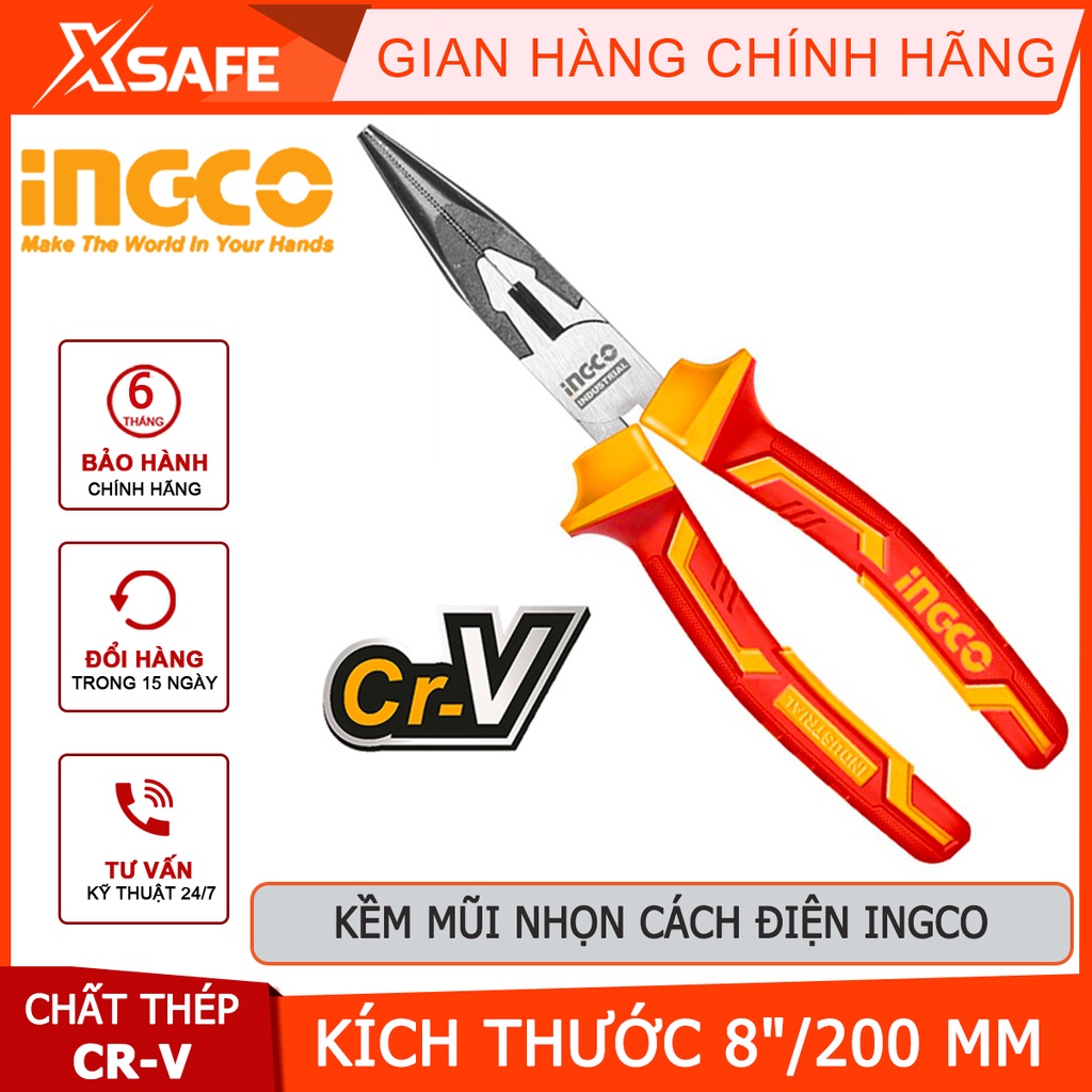Kềm mũi nhọn cách điện INGCO HILNP28208 Kìm cắt công nghiệp tay cầm cách điện 1000V, đầu kềm được đánh bóng và chống gỉ