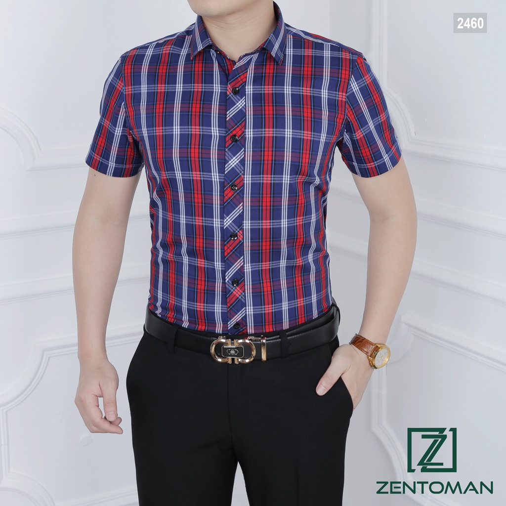 Áo sơ mi nam ZENTOMAN cộc tay kẻ đỏ công sở cotton mềm ít nhăn 2460