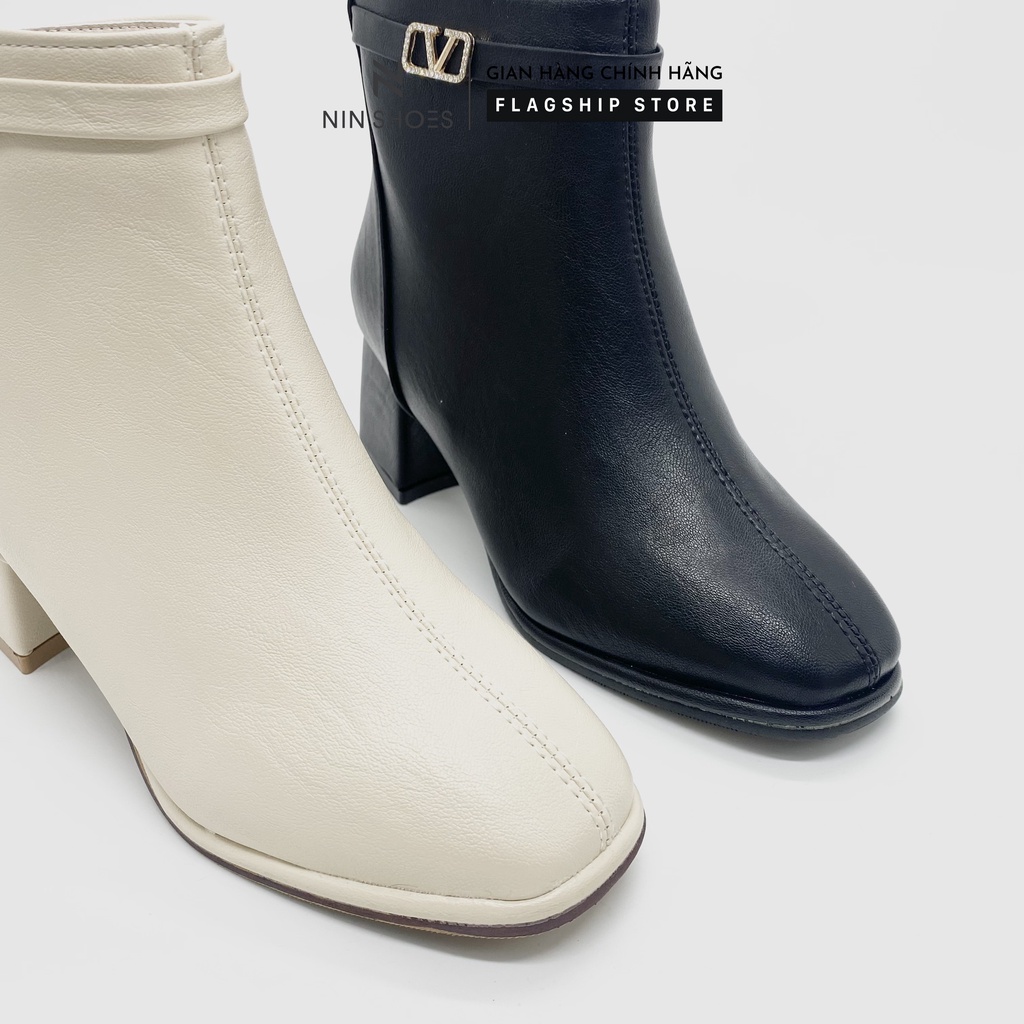 Giày Boot nữ 5p gót vuông cổ đá kéo khoá sau da si Ninshoes | BigBuy360 - bigbuy360.vn