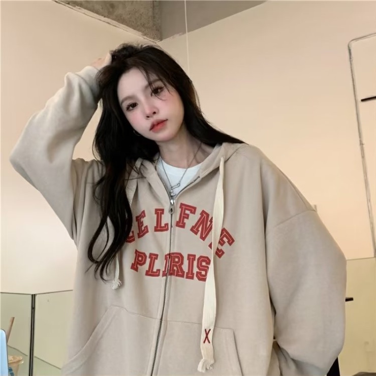 Áo Khoác hoodie Tay Dài Có Khóa Kéo In Chữ Phong Cách Hàn Quốc Thời Trang Cho Nam Và Nữ