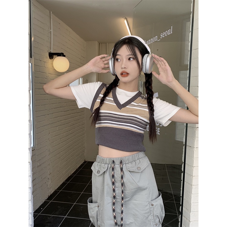 HUANG YOYO Áo Dệt Kim Hai Lớp Họa Tiết Kẻ Sọc Màu Tương Phản Thời Trang Hàn Quốc Dễ Phối Đồ