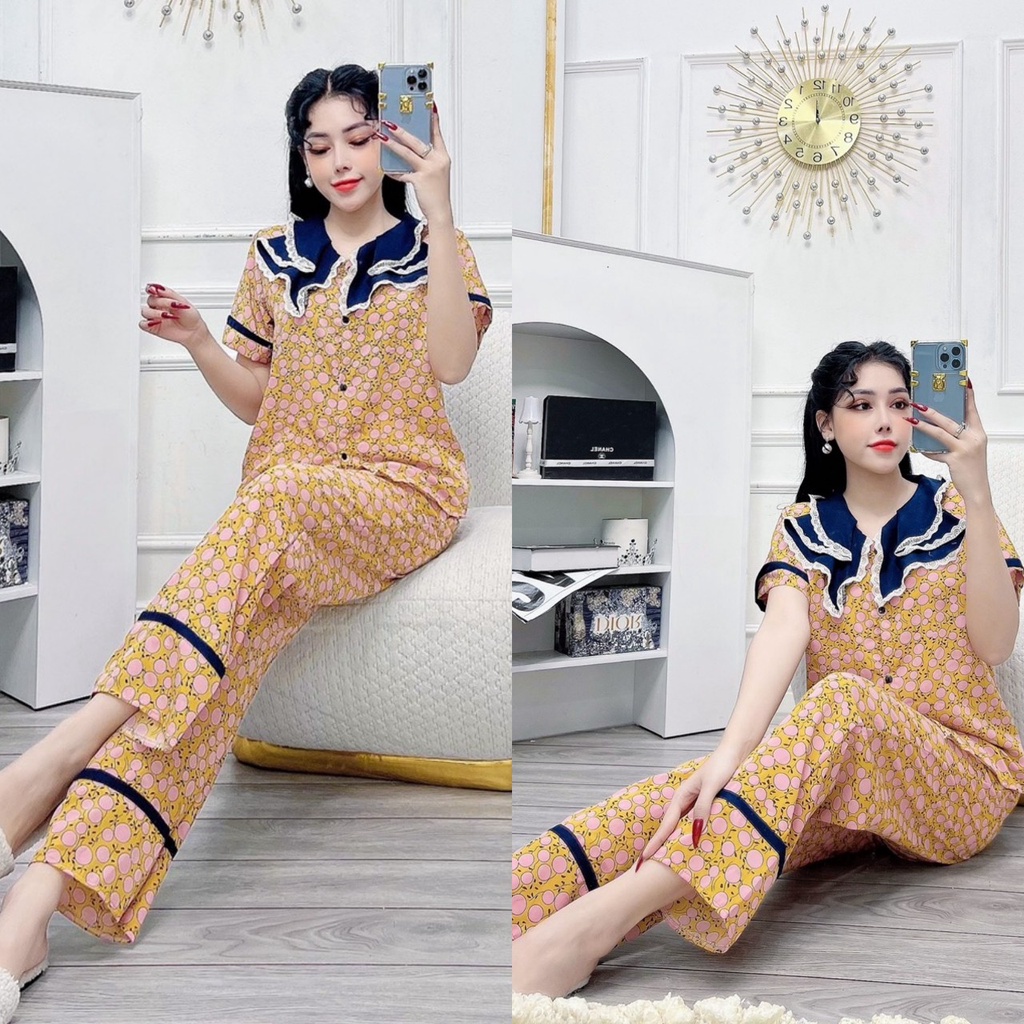 Đồ bộ pijama tay ngắn quần dài có túi vải mango họa tiết nhiều mẫu siêu xinh freesize dưới 58kg