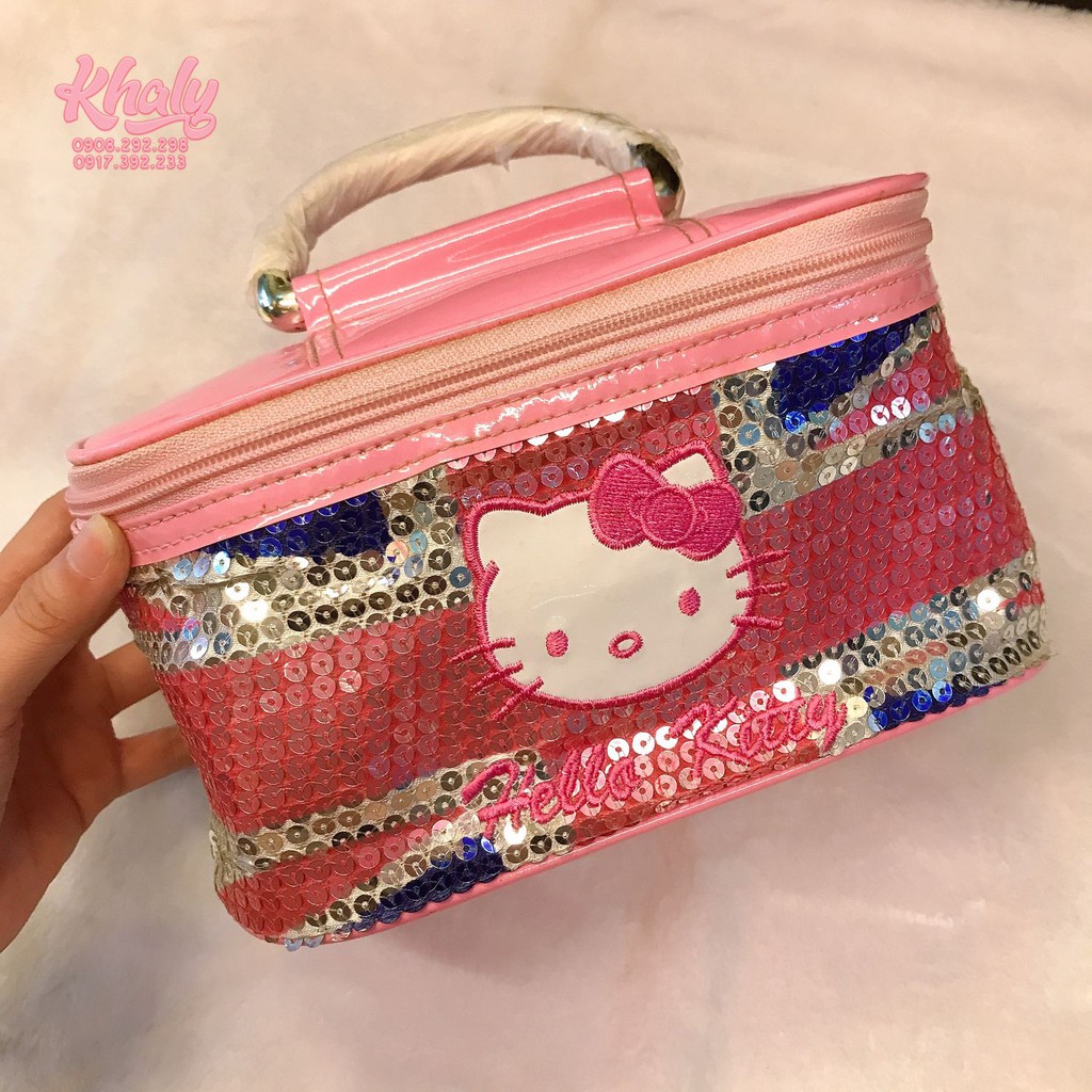 Túi xách tay, túi đựng mỹ phẩm 1 ngăn rộng hình Hello Kitty, cô gái Minmie màu hồng siêu xinh -