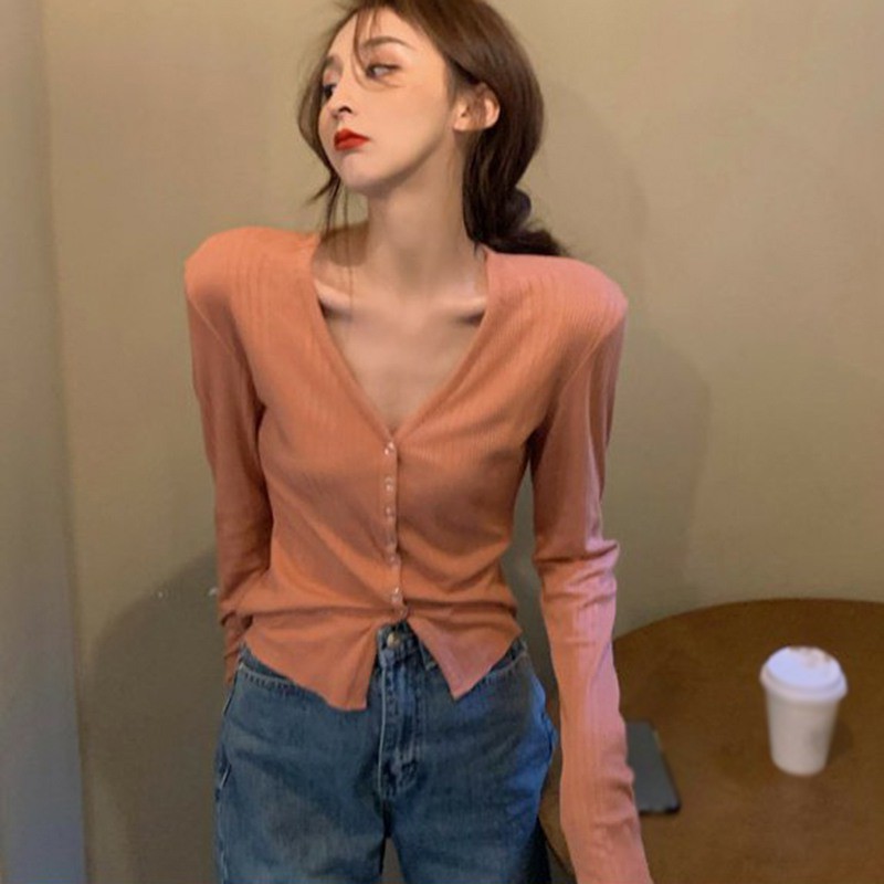 Áo cardigan dài tay cổ V thời trang nữ tính ngọt ngào