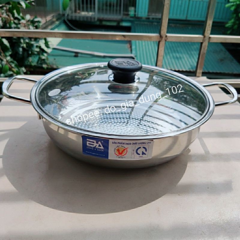 Xoong ăn lẩu Đông Á dày xịn - inox sáng ,Vung kính 26cm_Đáy sần chống khê