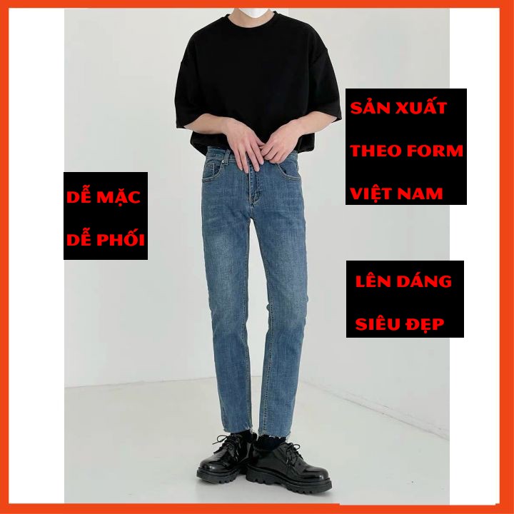 Quần Jean ống nhỏ côn trơn lai tua không gấu dáng lửng không có họa tiết kẻ đường phố unisex streetwear phối với sneaker