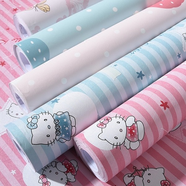 Decal giấy dán tường kitty sọc hồng (khổ rộng 45cm)