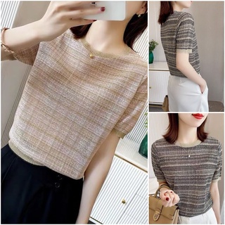 Áo thun dệt kim tay ngắn cổ tròn họa tiết kẻ sọc thời trang cho nữ
