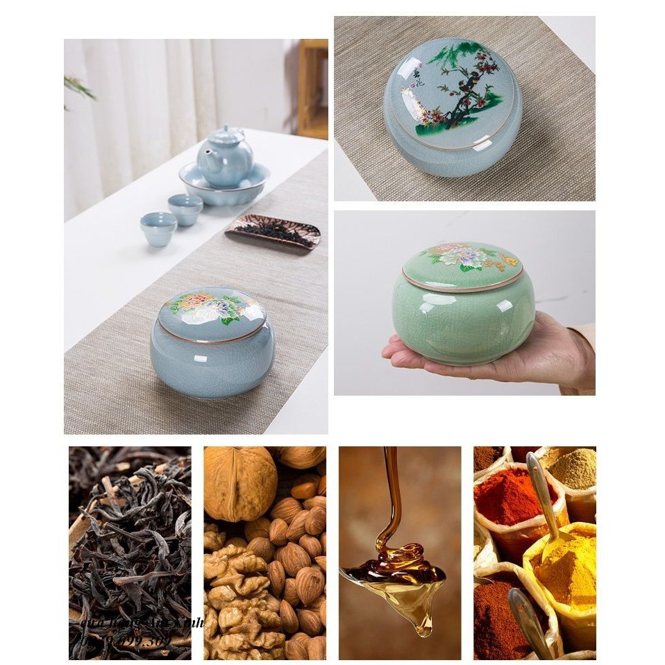 Hũ, Bình đựng trà bằng sứ men rạn họa tiết đẹp mắt 530 ml