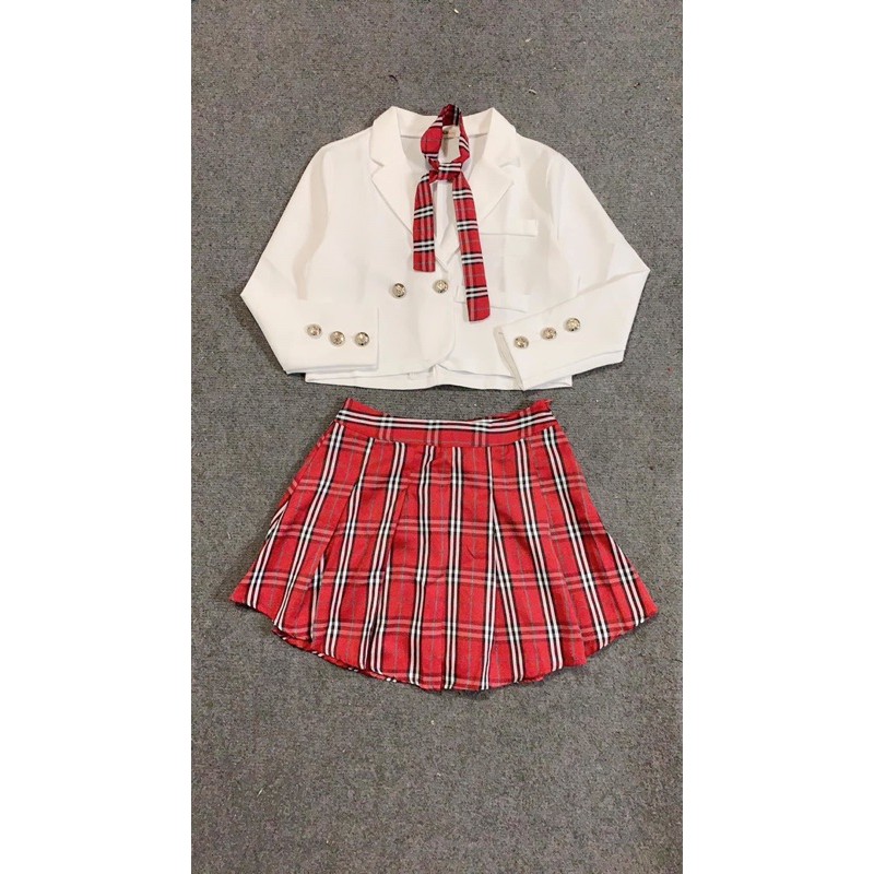 Set học sinh áo vest chân váy kẻ