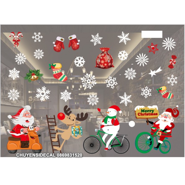 Decal trang trí tường Noel - Nhân vật Noel vui chơi cùng phương tiện Xe