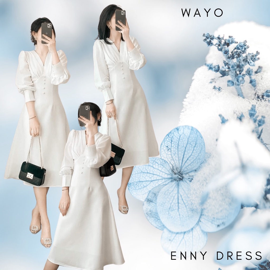 Đầm WAYO thiết kế công sở dạo phố màu trắng tay dài phối nút cực xinh