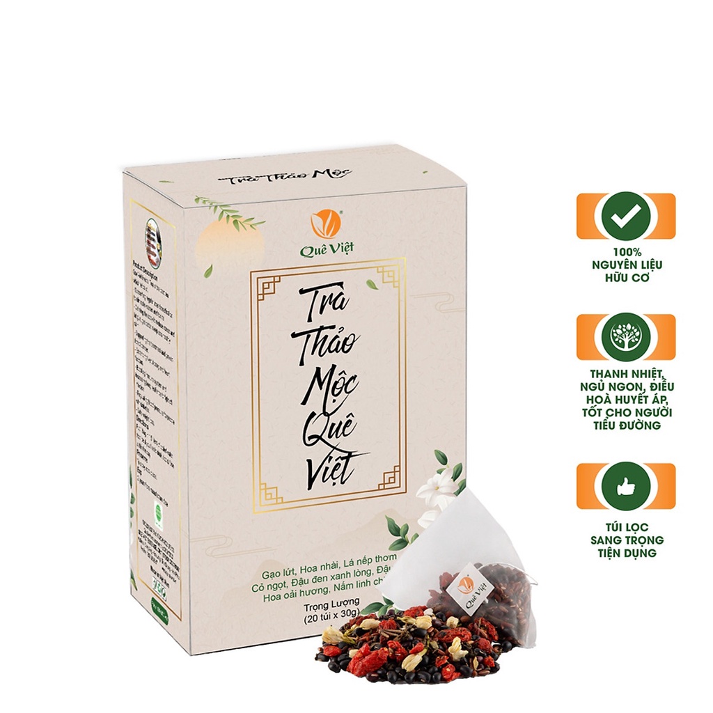 [TẶNG 2 gói trà hoa cúc] Trà thảo mộc Quê Việt Trà gạo lứt Hộp 600g 20 gói nguyên liệu hữu cơ, ngủ ngon, mát gan