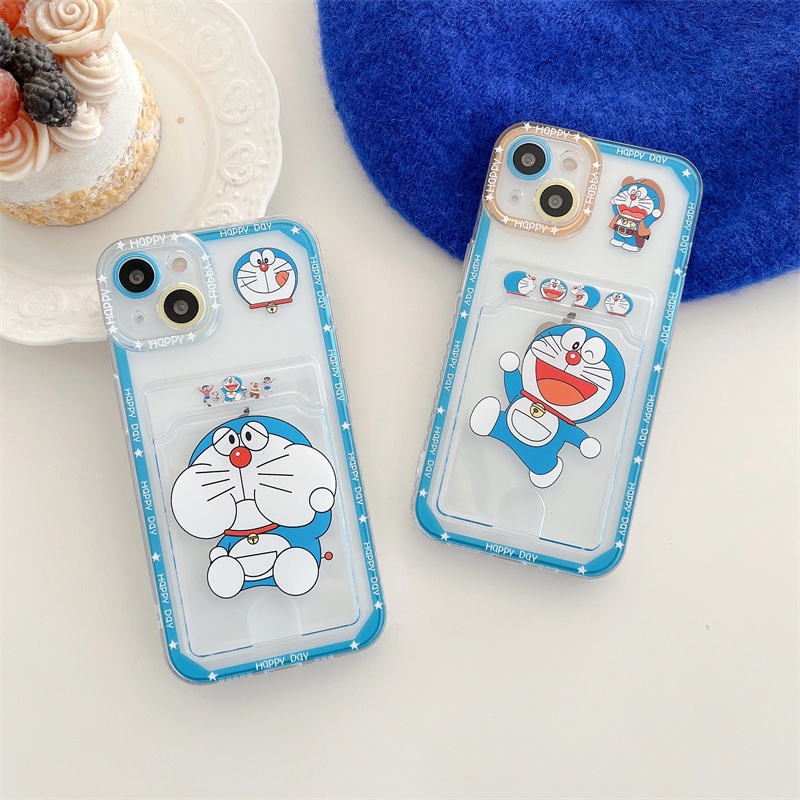 Ốp Điện Thoại Dẻo Họa Tiết Hoạt Hình Doremon Kèm Ngăn Đựng Thẻ Cho iPhone 7 8 Plus X XR XS Max 11 12 13 Pro Max SE 2020