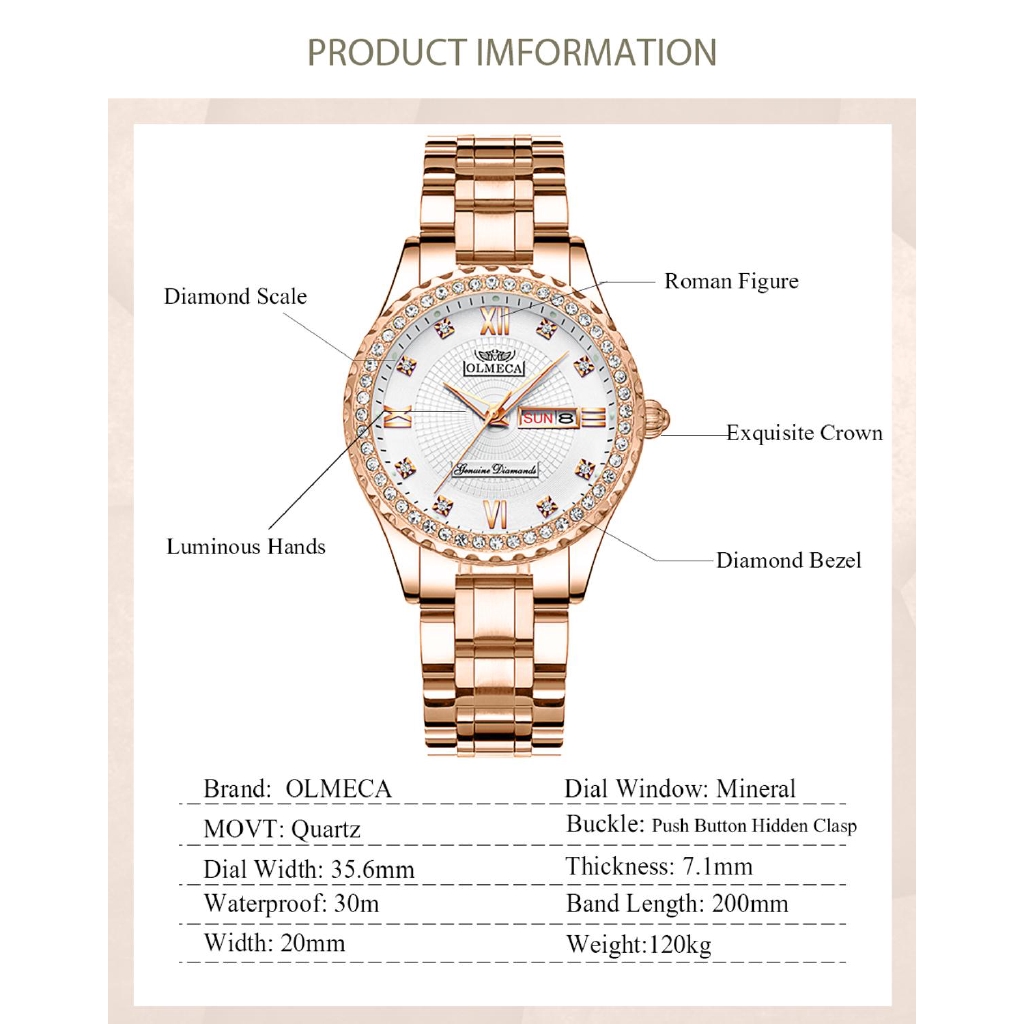 Đồng hồ đeo tay OLMECA chống thấm nước dây đeo thép không gỉ cao cấp thời trang dành cho nữ | BigBuy360 - bigbuy360.vn