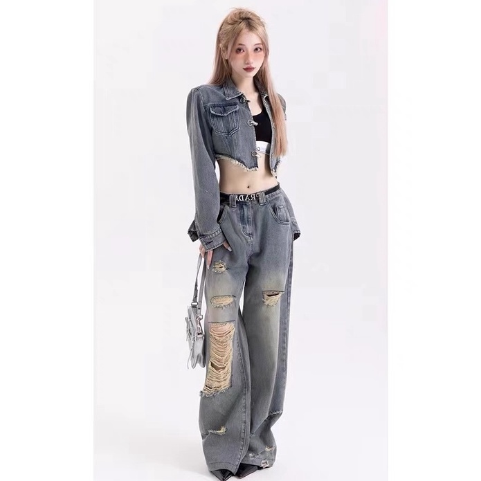 Set jeans nữ thu đông Denim áo bò tay dài combo quần jeans ống rộng nữ JB005 chất đẹp mới