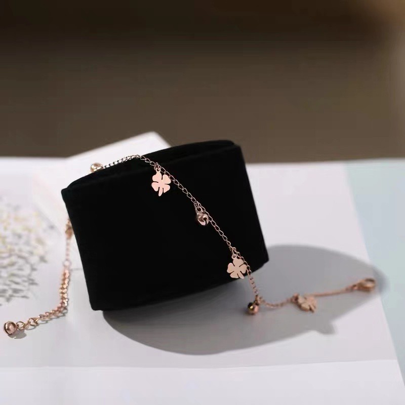 Lắc chân bằng thép titan mạ vàng hồng 18K/vàng/bạch kim mặt hình cỏ bốn lá dễ thương chống nước chống gỉ cho nữ
