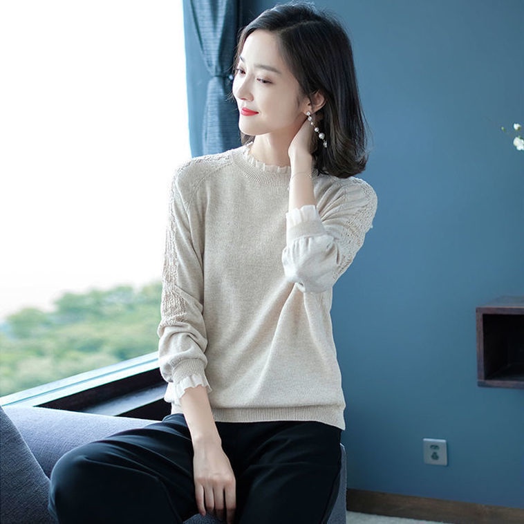 Áo Dệt Kim Tay Dài Phối Ren Hoa Thiết Kế Dáng Rộng Che Khuyết Điểm