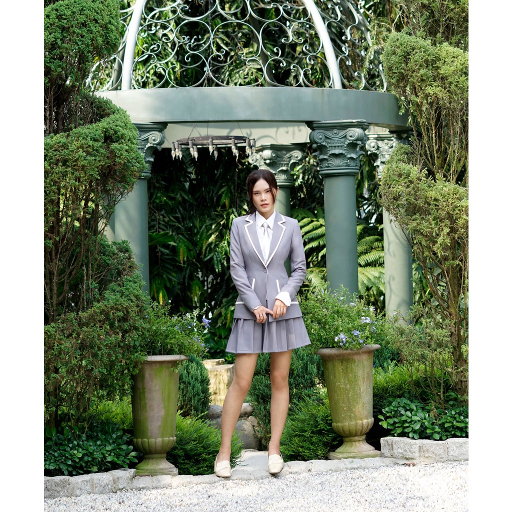 Set vest xám viền trắng style nữ sinh - Admiral Blazer/ Skirt in Grey - Walenty
