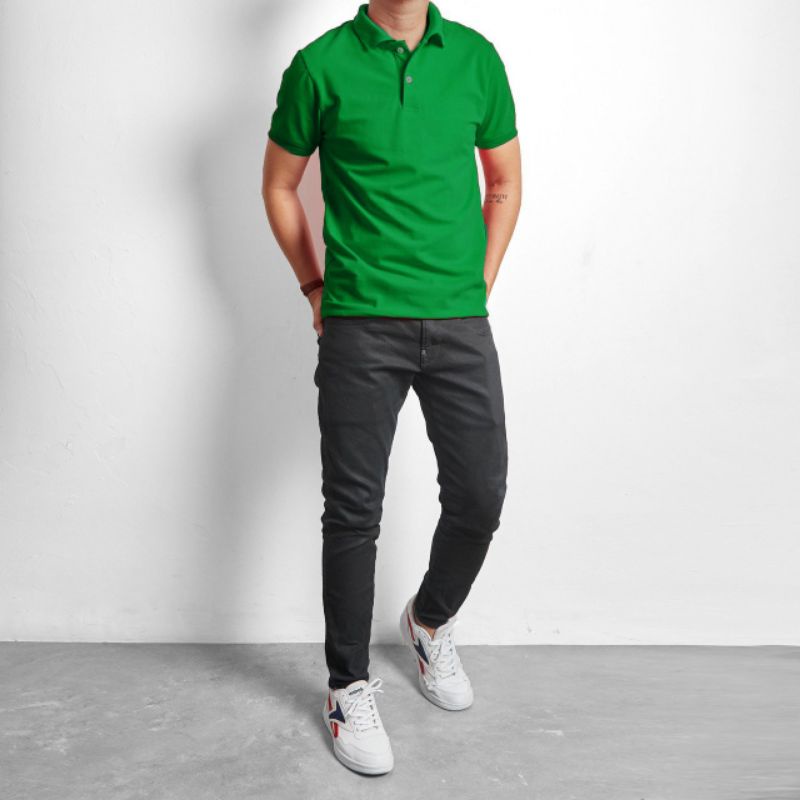 Áo thun nam polo có cổ cá sấu cotton màu xanh lá trơn