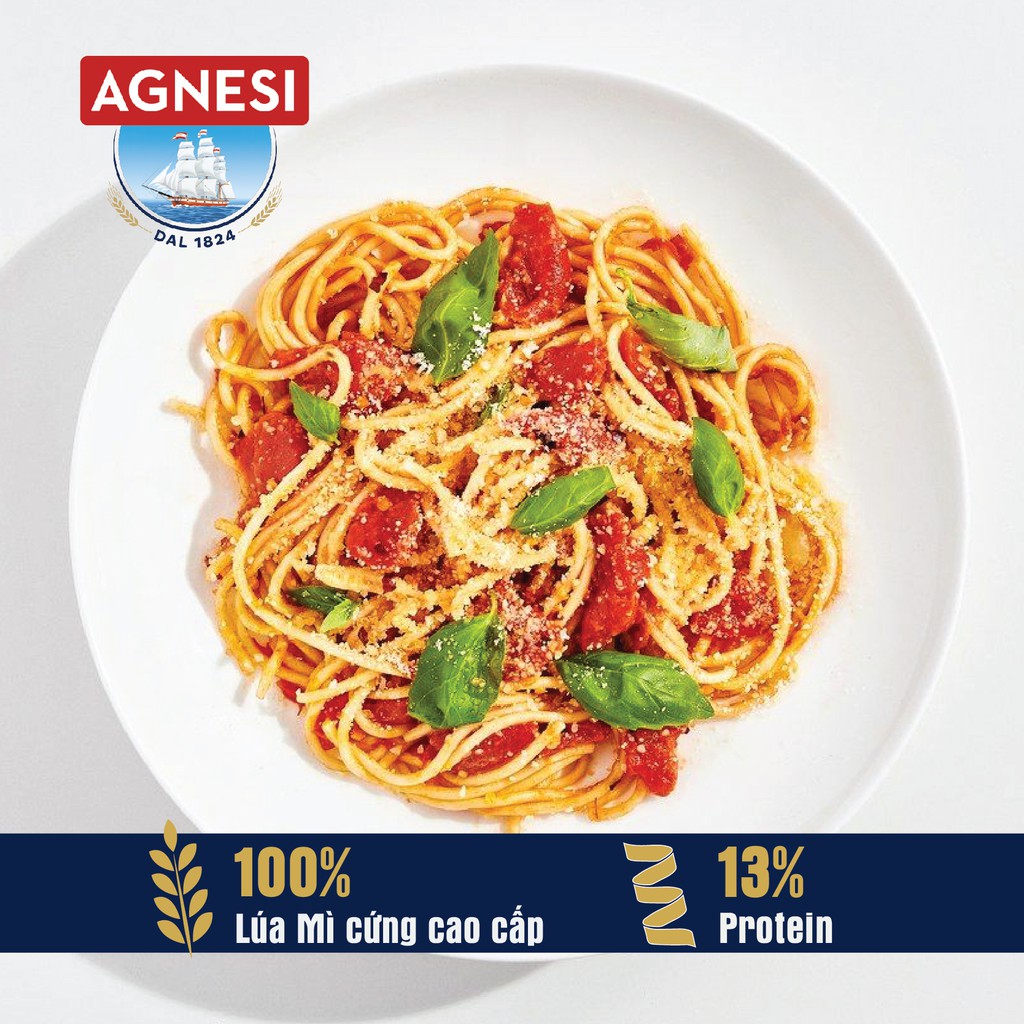 Mì Ý Spaghetti Agnesi 500g, dùng lúa mì durum cao cấp giữ sốt, không gãy và dính