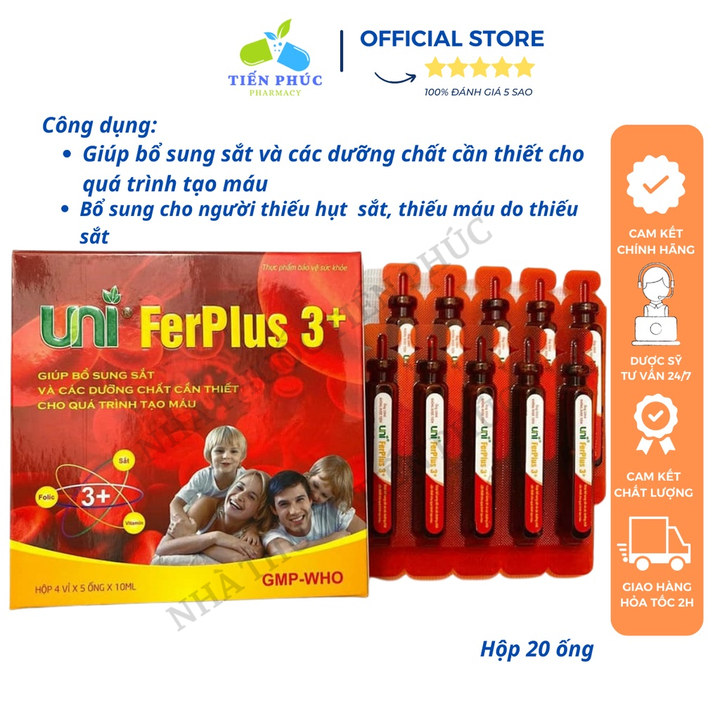 Uni FerPlus 3+ - Bổ sung sắt, các dưỡng chất cần thiết cho quá trình tạo máu, sắt nước cho mẹ va bé Hộp 20 ống
