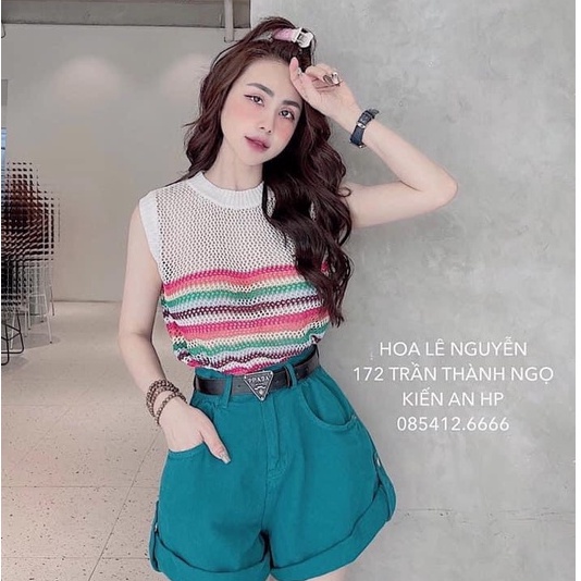 ÁO BA LỖ, ÁO SÁT NÁCH LƯỚI PHỐI KẺ SẮC CẦU VỒNG, CỔ TRÒN DÁNG NGẮN CHẤT LEN DỆT KIM TRẺ TRUNG CÁ TÍNH CHO NỮ