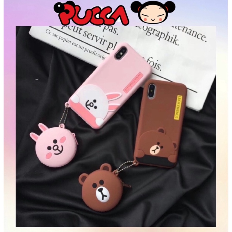 Ốp iPhone X/Xs Silicon Dẻo Kèm Ví Đựng Bảo Hiểm Hình Gấu Brown Và Thỏ Cony Dễ Thương