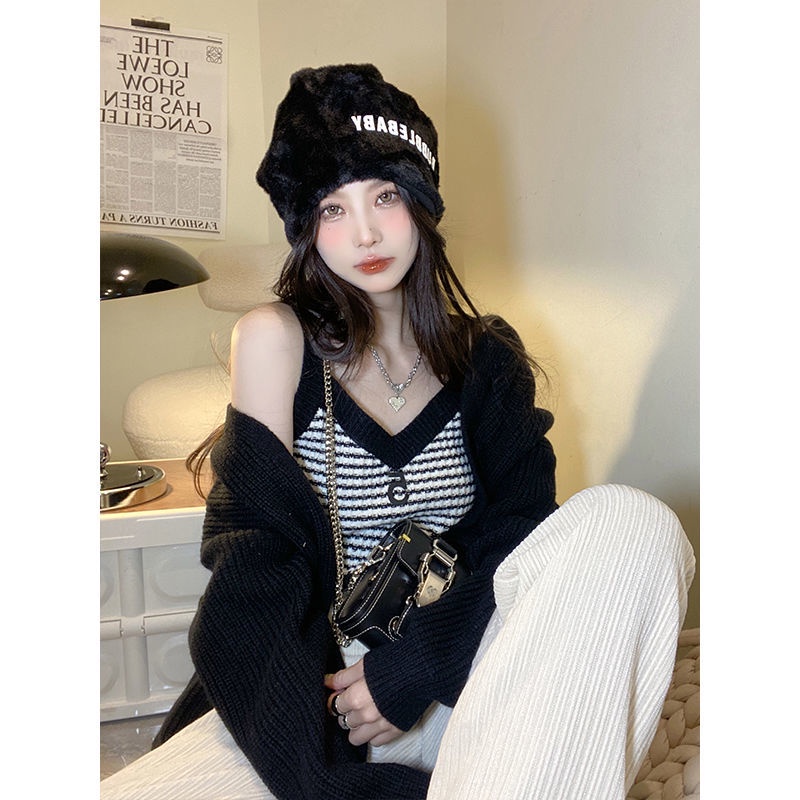 COZOK Set Áo Khoác Cardigan Dệt Kim + Áo Hai Dây Màu Sắc Tương Phản Thời Trang