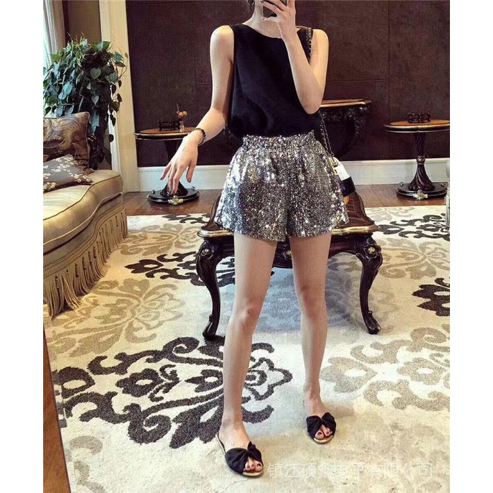 Quần Short Chữ a Lưng Cao Ống Rộng Đính Kim Sa Lấp Lánh Thời Trang Mới Cho Nữ