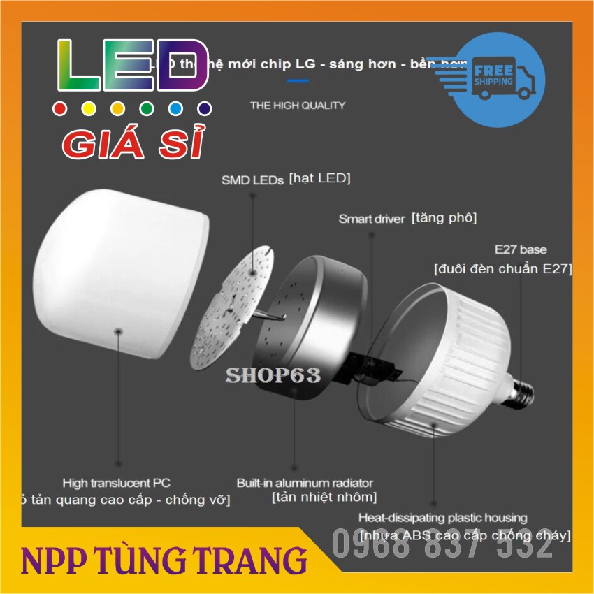 Bóng đèn led búp trụ công suất 10w, 15w, 20w, 30w, 45w, 50w, 5w giá sỉ tiết kiệm điện