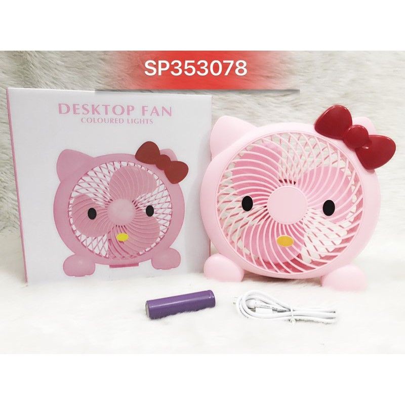 Hộp quạt bàn pin mèo kitty đèn sạc USB