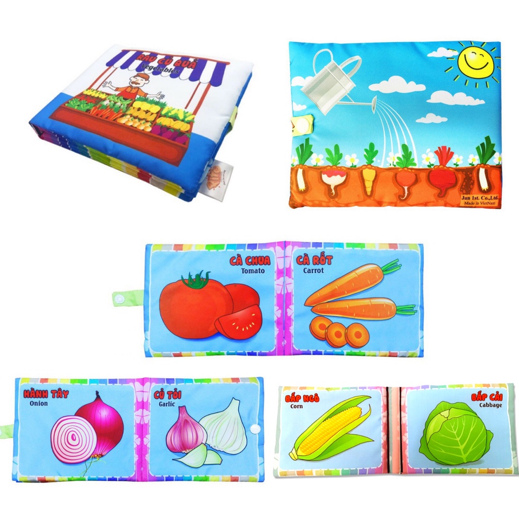 Sách vải cho bé 6 tháng 1 tuổi 2 tuổi pipo song ngữ chủ đề động vật hoa quả chữ cái 17x14cm Shop Bố Su