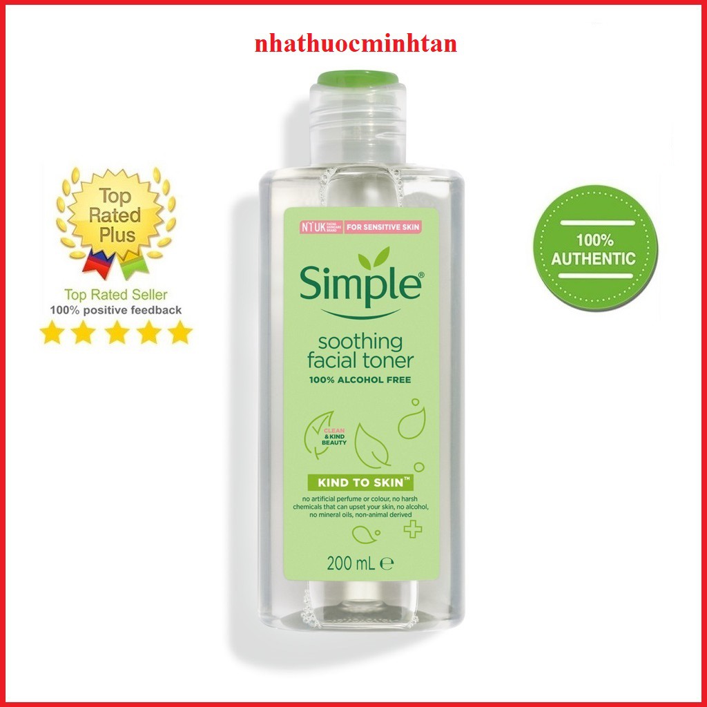 Nước hoa hồng Simple, Toner Simple Kind To Skin Soothing Facial [Loại 200ml]