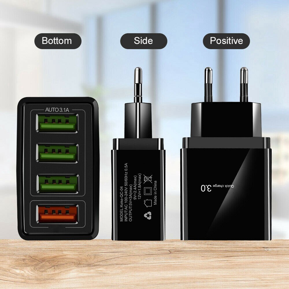 4 Ports QC3.0 Fast Quick Charge USB Charger Power Adapter US EU UK Plug