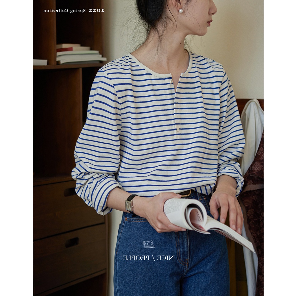Áo thun tay dài nữ kẻ sọc xanh Vintage phối cổ nút phong cách Pháp thanh cổ điển thanh lịch