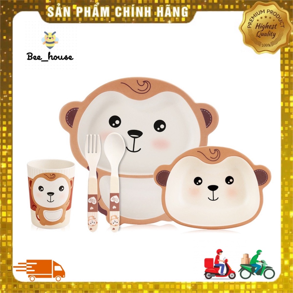 Set bát cốc thìa ăn dặm Shall hình khỉ 5 chi tiết 𝐁𝐞𝐞𝐡𝐨𝐮𝐬𝐞
