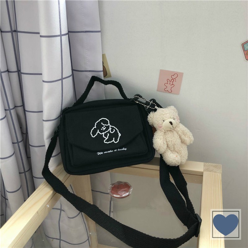 Túi canvas đeo chéo thêu hình chú cún thêu ngộ nghĩnh đáng yêu phong cách Harajuku Nhật Bản thời trang UNIBAG