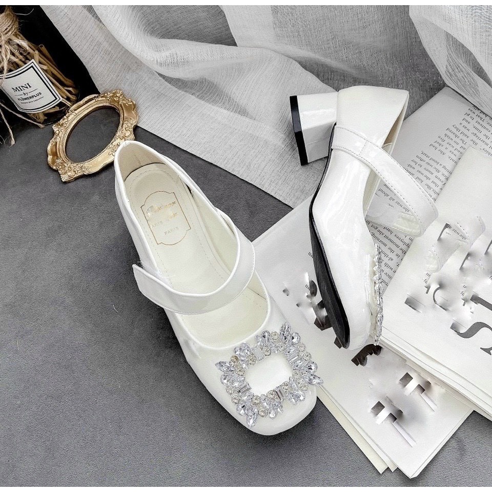 Giày cao gót nơ đá trắng vuông quai dính ngang gót trụ thấp - 4P QM08