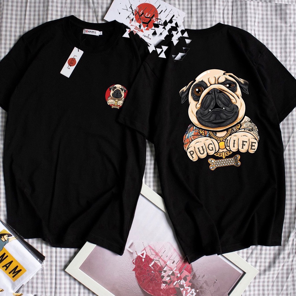 Áo thun couple unisex màu đen cá tính- Áo thun đen chó pug life