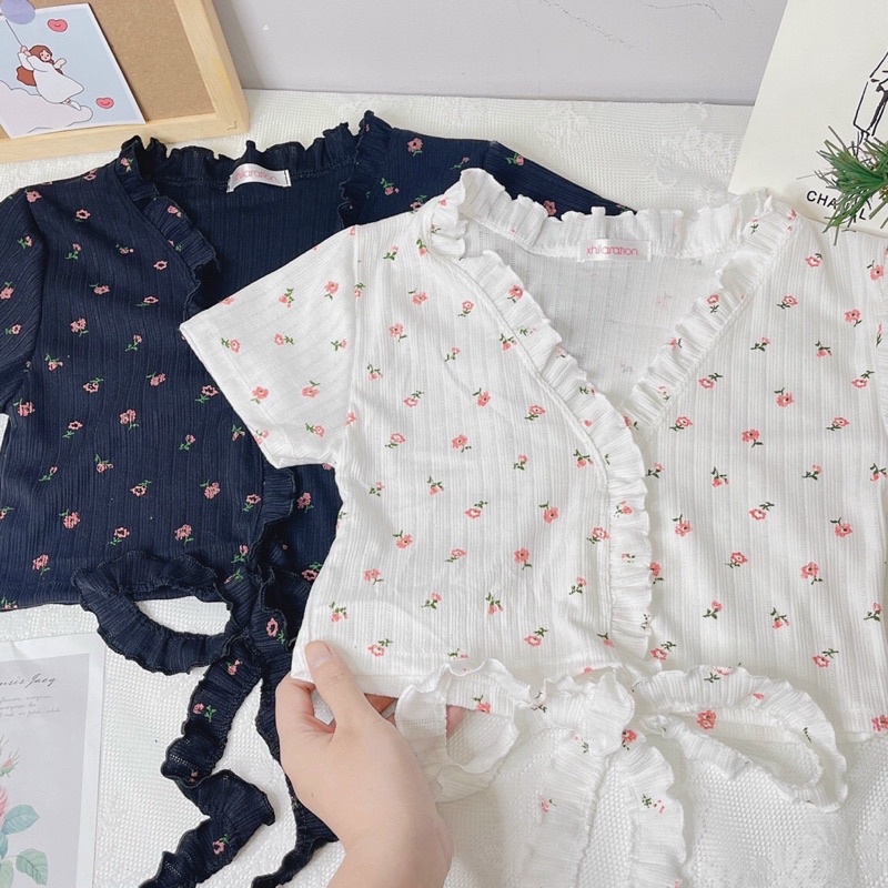 Áo Croptop Viền Bèo Đan Eo Hoa Nhí ( Kèm hình thật )